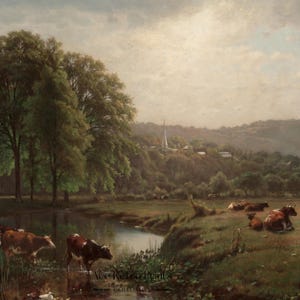 May include: A painting of a pastoral scene with a river, cows, and a church steeple in the distance. The sky is cloudy and the trees are green.