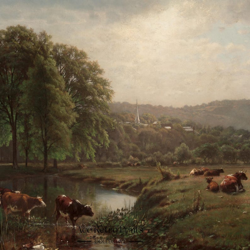 May include: A painting of a pastoral scene with a river, cows, and a church steeple in the distance. The sky is cloudy and the trees are green.