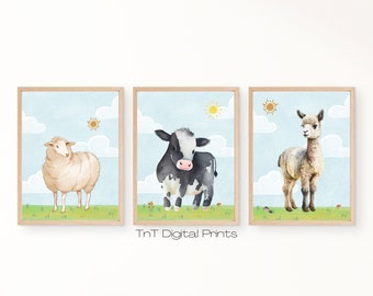 Farm Animal Nursery Decor, Watercolor Baby Animal Wall Art, Neutral Nursery Decor, Set of 3 Kids Wall Art, Printable Nursery Playroom Decor