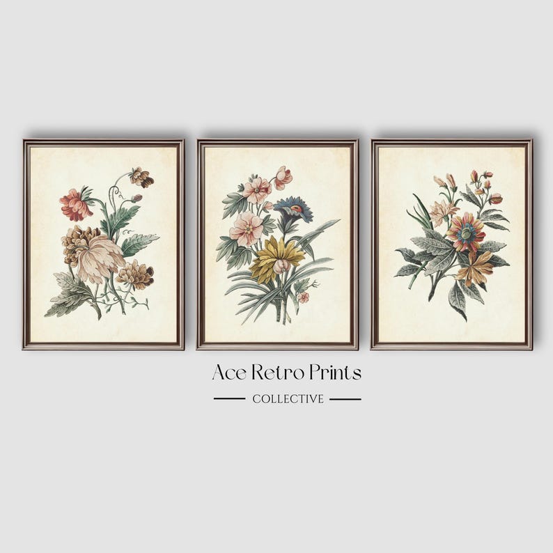 Set of 3 Botanical Wall Art Printable, Vintage Floral Prints Above Bed ...