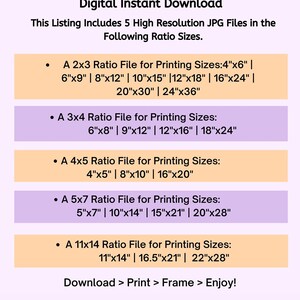 May include: A digital download listing for 5 high-resolution JPG files of printable images in various aspect ratios. The image shows the different aspect ratios and corresponding print sizes in inches.