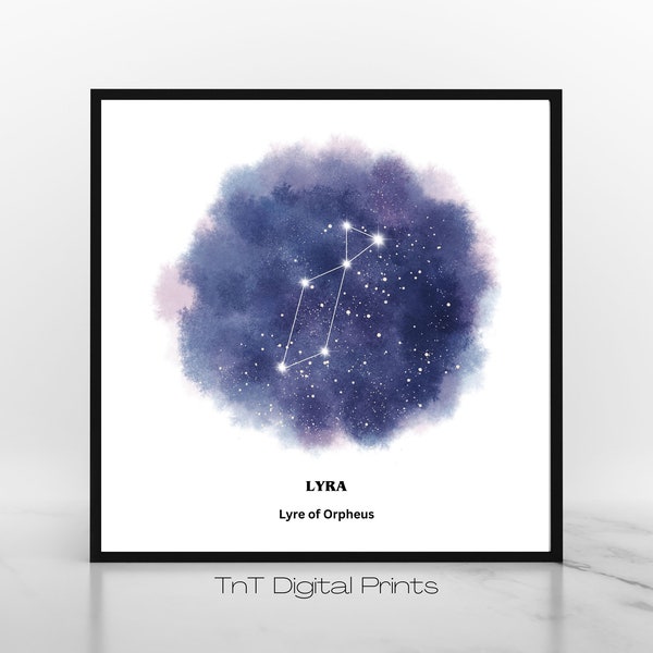 Lyra the Harp Constellation Print, Lyra Constellation Wall Decor, Horoscope Wall Art, Star Map, Digital Download, Galaxy Prints