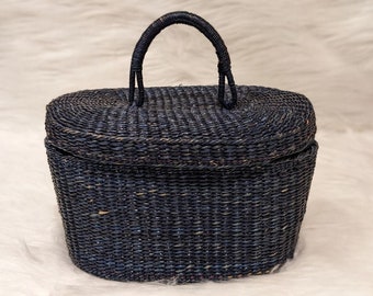 Wicker Basket with handles, Vintage Wicker Basket, Sewing Basket, Dark Blue Wicker Basket, Basket with Lid