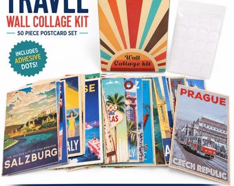 Travel Wall Collage Kit 50 PCS | Vintage Travel Poster Postcards | Dorm Room Decor | Gallery Wall Aesthetic | Travel Lover Gift