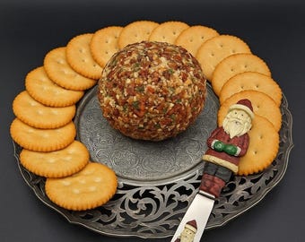 Vintage Pierced Silverplate Serving Tray with Santa Cheese Spreader | Ornate Holiday Appetizer Tray | Christmas Entertaining Decor