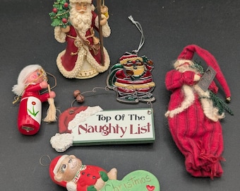 Lot of 6 Vintage Santa Christmas Ornaments – Mixed Styles Resin, Wood, Cloth & Stained Glass – 1980s–1990s Holiday Decoration Bundle