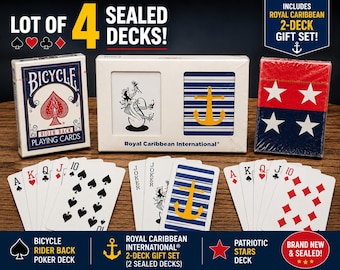 Lot of 4 Sealed Playing Card Decks – Bicycle Rider Back, Royal Caribbean Double Deck Set and  Patriotic Stars