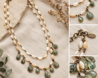 Monet Multi Strand Beaded Necklace Green Teardrop Faux Jade Brass Tone Boho