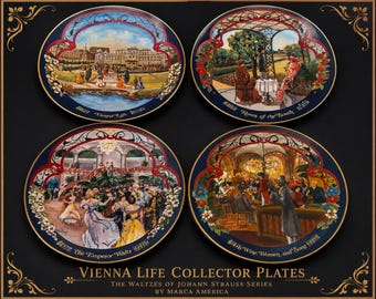 Vintage Johann Strauss Collector Plate Set – Porcelaine Ariel Marca America – 1980 Decorative Wall Plates – Vienna Waltz Decor