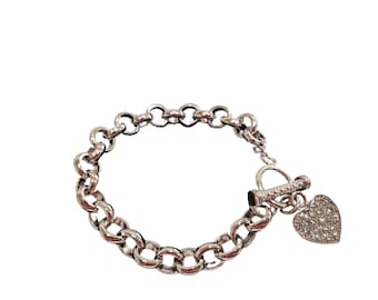 Sterling Silver Rolo Link Bracelet, Sterling Silver Bracelet with Heart Charm, Bracelet with Cubic Zirconia Heart Charm