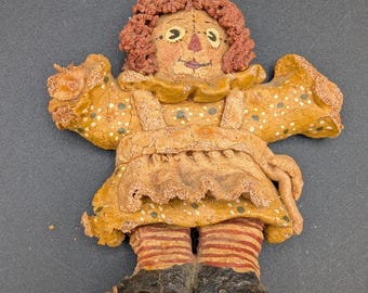 Vintage Primitive Salt Dough Rag Doll Wall Hanging – Raggedy Ann Style Folk Art Sculpture – Distressed Rustic Decor