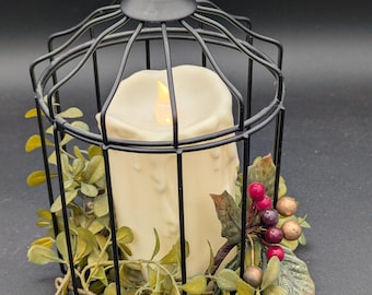 Decorative Black Wire Birdcage Lantern with LED Candle & Faux Greenery | Farmhouse Cottage Candle Holder