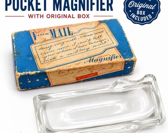 Vintage Pocket Magnifier with Original Mail Box | Mid Century Reading Lens | Office Desk Accessory