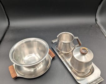 Vintage Stainless Steel Cream & Sugar Set with Tray + Serving Bowl – International Decorator Stainless 18-8 Japan – MCM Kitchenware