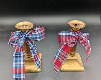 Vintage Brass Candlesticks Pair | Square Base Column Candlesticks | Traditional Americana Decor | Holiday Mantel Decor