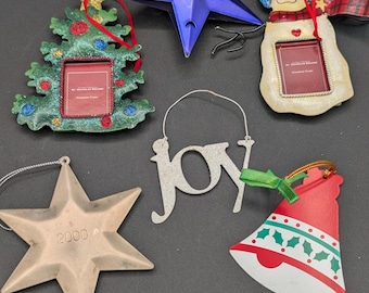 Vintage Christmas Ornament Lot – St. Nicholas Square Frames, Metal JOY, Purple Star, Grandma Bear, Millennium Star – Mixed Holiday Décor