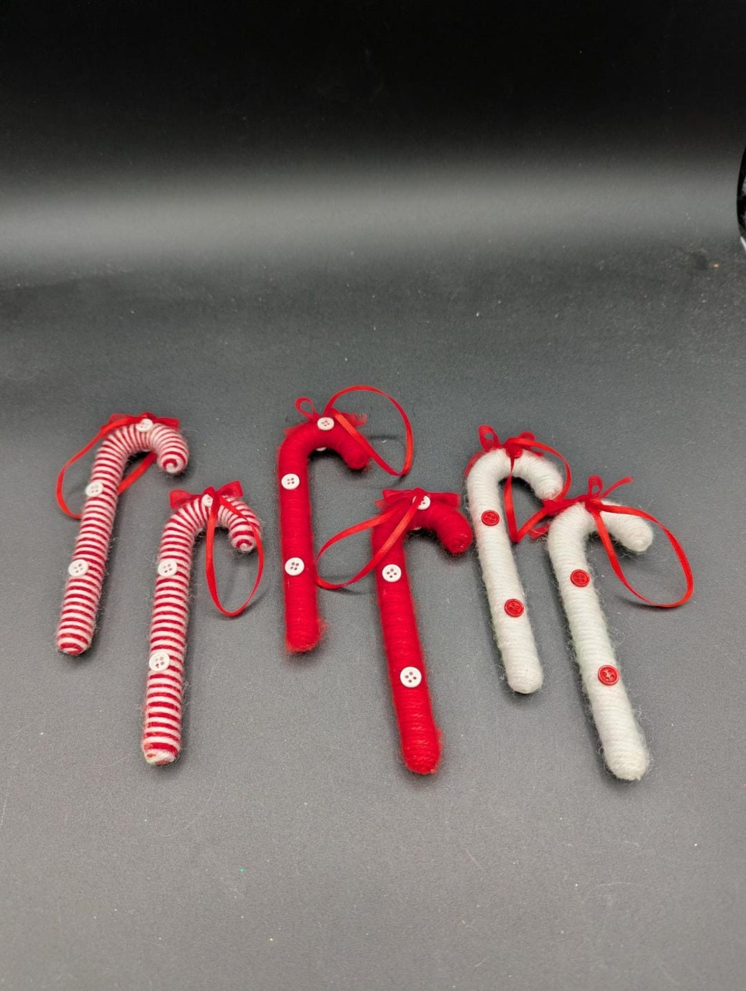 Set of 6 Handmade Yarn Candy Cane Ornaments – Red & White Button ...