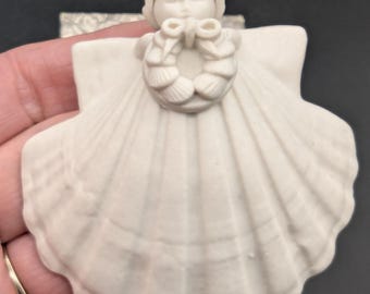Margaret Furlong Shell Angel Wreath Ornament | 1985 Porcelain Angel Christmas Ornament | Made in USA