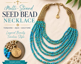 Talbots Multi Strand Seed Bead Necklace Blue Turquoise Aqua Gold Tone Boho Statement