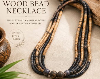 Vintage Black & Natural Wood Multi Strand Necklace Boho Tribal Statement Jewelry