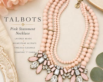 Talbots Pink Statement Necklace | Layered Beaded Bib Necklace | Rhinestone Crystal Necklace | Feminine Cottage Chic Jewelry