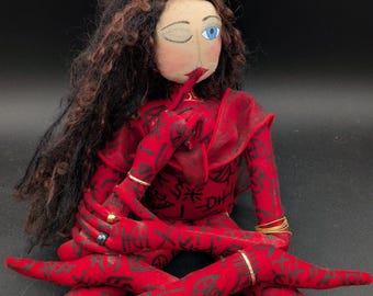 Signed Kelly Lewis Art Doll May 2002 – Handmade Red Asian-Inspired Folk Art Cloth Figure