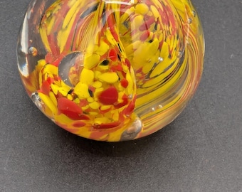 Hand-Blown Art Glass Paperweight – Swirl Flame Design in Yellow & Red – Vintage Studio Glass Orb