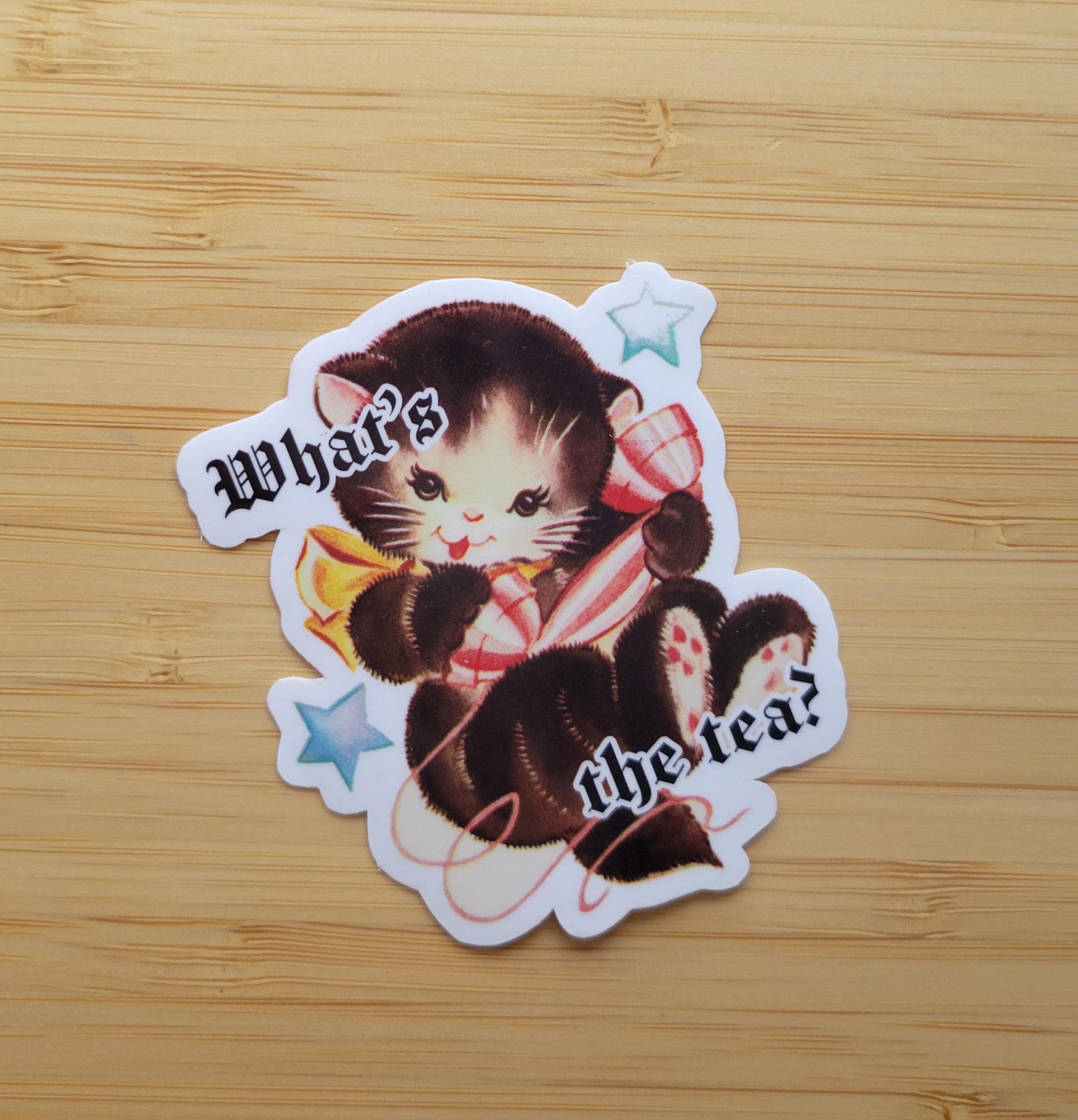 ¿Qué tal? Pegatina de gatito / Lindo gato vintage / Pegatina divertida y kitsch / La existencia es dolor / Regalos para niñas por menos de 5 dólares