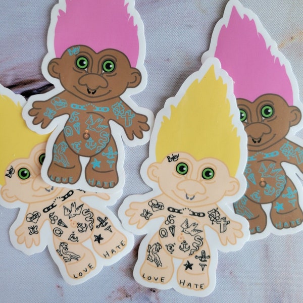 TATTOO TROLL STICKER | Punk Troll Doll | Gothic trolls, gifts under 5 | funny laptop or water bottle sticker | 80s 90s Y2K