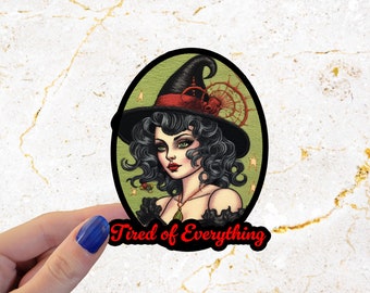 Tired Witch Sticker | feminist decal | existential dread | funny kitsch sticker | fuck the patriarchy | spooky gifts under 5 for girls