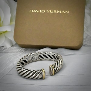 Authenticated David Yurman Waverly 18K Gold 925 Silver Cable Flex Cuff M 6.5 Box