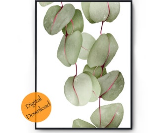 May include: A digital download of a watercolor painting featuring a cluster of green eucalyptus leaves with red stems against a white background.