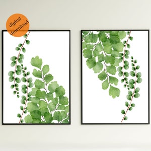Fern Print Set of 2 Gallery Wall Set | Fern Printable Wall Art | Fern Leaves Painting Living Room Decor Maidenhair Botanical Bathroom Decor