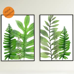 Fern Print Set of 2 Gallery Wall Set | Fern Printable Wall Art | Fern Leaves Painting Living Room Decor |  Botanical Bathroom Decor Download