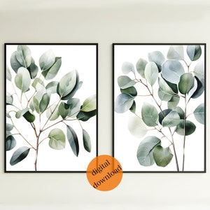 Eucalyptus Print Set Sage Green Watercolor Leaf Printable Wall Decor Botanical Leaves Wall Art Minimalist Living Room Art Decor Farmhouse