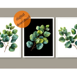Eucalyptus Prints Set of 3 Printable Eucalyptus Branch, Watercolor Print Spring Leaf Wall Decor Botanical Leaves Hallway Decoration Leaf Art