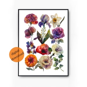 Geboortemaand bloemengrafiek Poster afdrukbare geboorte bloem Wall Art Print | Floral Art Wall Decor Bloem Keuken Decoratie Geboorte Bloem Poster