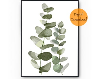 May include: A digital download of a watercolor painting featuring two sprigs of eucalyptus leaves in shades of green against a white background.