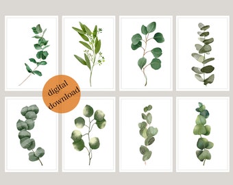May include: Set of eight printable watercolor illustrations of eucalyptus leaves in various shades of green. The illustrations are perfect for adding a touch of nature to your home decor.