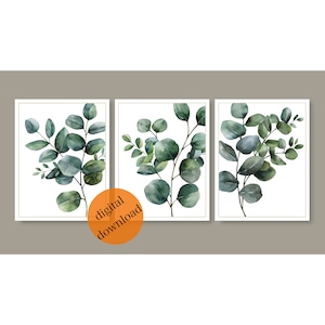Eucalyptus Branch Set of 3 Sage Green Watercolor Leaf Printable Eucalyptus Prints Wall Decor Botanical Leaves Wall Art Living Room Art Decor