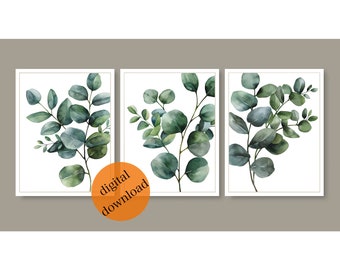 Eucalyptus tak set van 3 salie groene aquarel blad afdrukbare eucalyptus prints muur decor botanische bladeren muur kunst woonkamer kunst decor