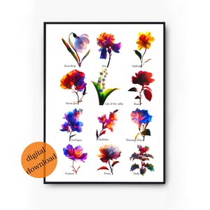 Geboorte bloemenkaart poster afdrukbare geboortemaand bloem muur kunst print | Bloemsierkunst Bloem Muurdecoratie Keukendecoratie Geboortebloem Poster: