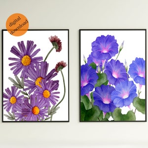 September Birth Flower Print Set | Aster Morning Glory  Print Gallery Wall Set | Watercolor Floral Art Printable Living Room Wall Decor