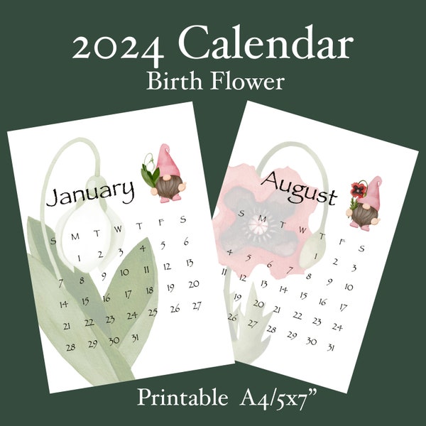 2024  Calendar Printable Desk Calendar 2024 Monthly Birth Flower Calendar Print Cute Calendar Illustrated Art Calendar Gift Refill Cards