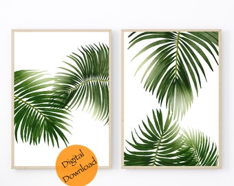 Palm Leaves Print Gallery Wall Set | Greenery Printable Modern Jungle Decor | Boho Living Room Design Wall Decor Tropical Botanical Designs