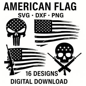 American Flag Skull SVG Bundle 16 Bold DXF PNG Designs for Laser Engraving Cricut & Vinyl Projects