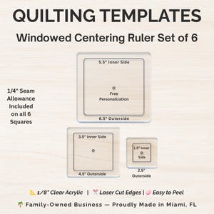 Windowed Centering Ruler Set of 6 for Quilting Squares with Seam Allowance Clear Acrylic Quilt Templates for QAYG EPP