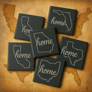 State Slate Coaster Set of 6 – Engraved Stone Coasters with Holder Personalized Gift for Rustic Bar or Housewarming