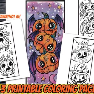 3 páginas para colorear imprimibles dibujadas a mano de calabazas, hoja para colorear digital, divertida actividad de Halloween, páginas para colorear espeluznantes de calabazas vampiro