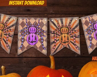 PRINTABLE Vintage Halloween Spider pumpkin bunting banner Digital Download retro Halloween garland Gift wall decor spooky banner wall art